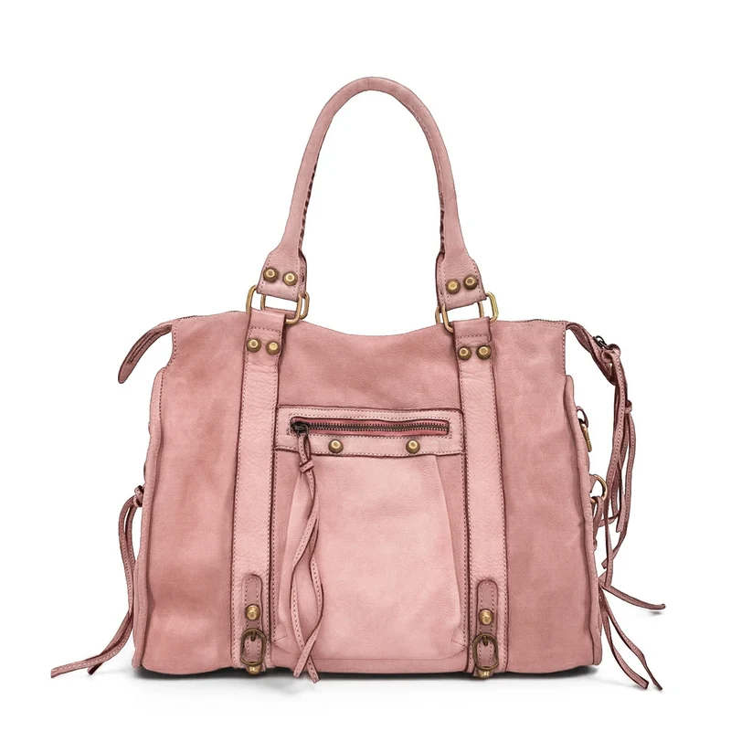 Grand sac porté épaule en cuir vintage STORM XL HURRICAN Rose nude