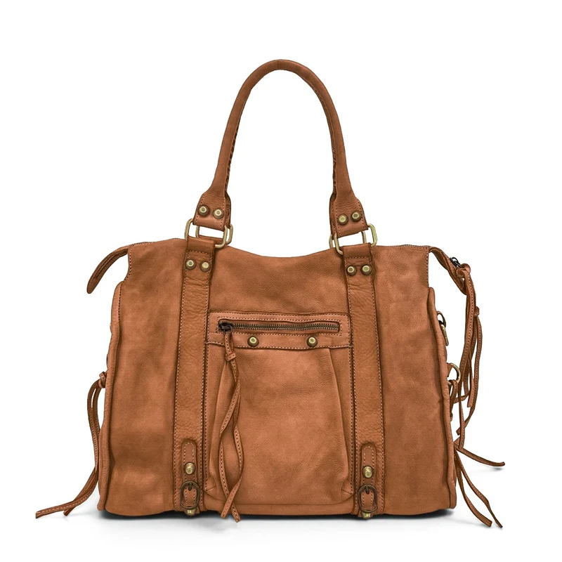 Grand sac porté épaule en cuir vintage STORM XL HURRICAN Marron camel