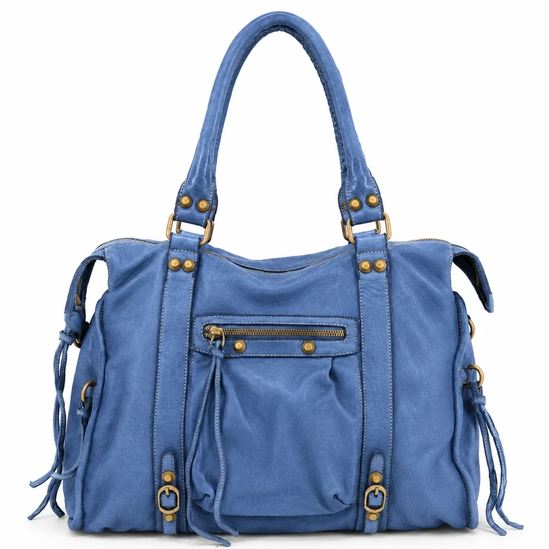 Grand sac porté épaule en cuir vintage STORM XL HURRICAN Bleu denim