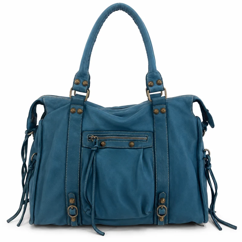 Grand sac porté épaule en cuir vintage STORM XL HURRICAN Bleu vert canard