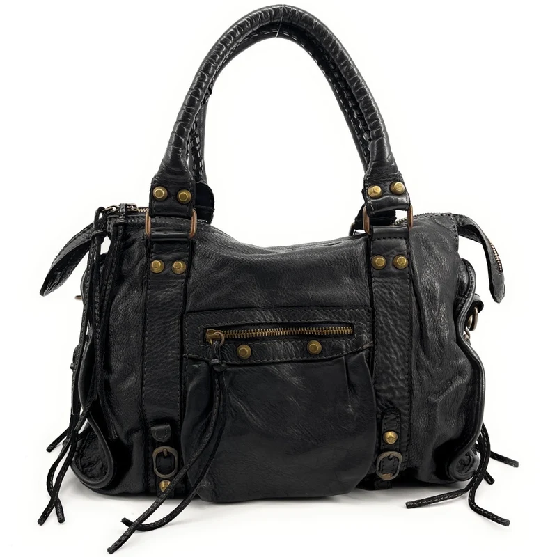 Sac à main porté épaule en cuir vintage STORM ROCK Back to black