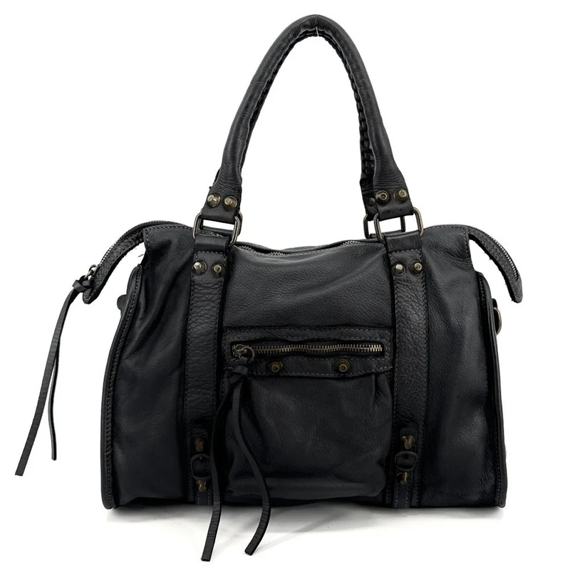 Sac à main porté épaule en cuir vintage STORM ROCK Naked black