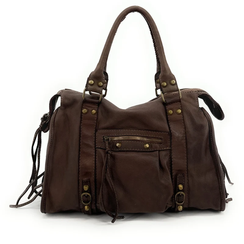 Sac à main porté épaule en cuir vintage STORM ROCK Marron Café frappé