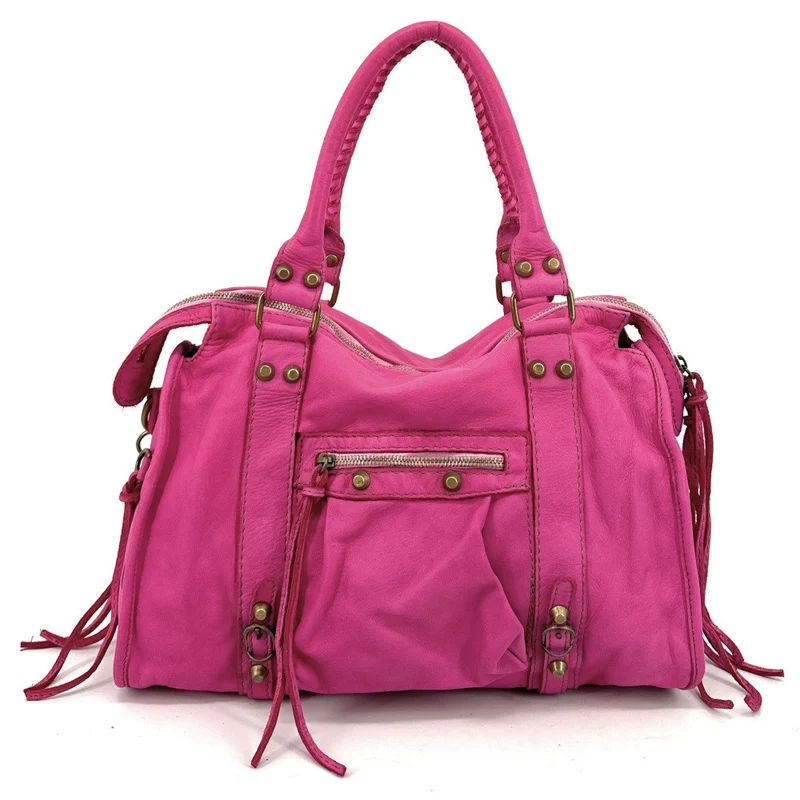 Sac à main porté épaule en cuir vintage STORM ROCK Pink Edition