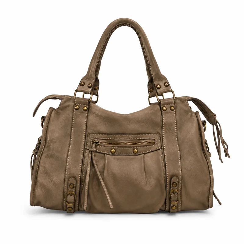 Sac à main en cuir vintage MISS STORM Taupe foncé