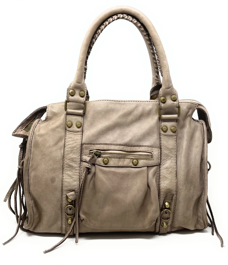 Sac à main porté épaule en cuir vintage STORM ROCK Taupe clair