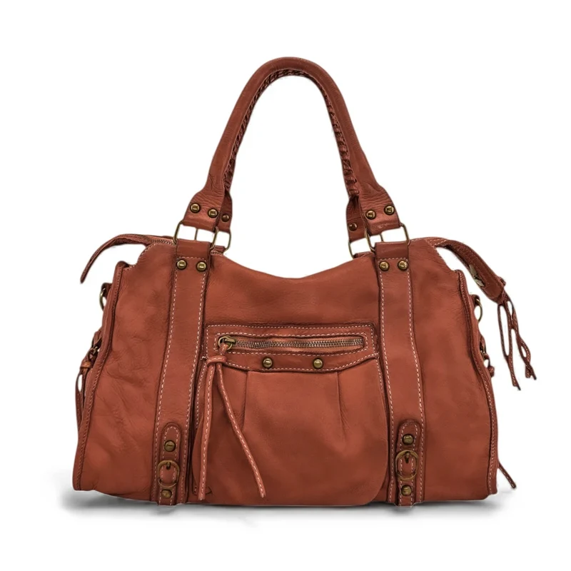 Sac à main en cuir vintage MISS STORM Marron Cognac