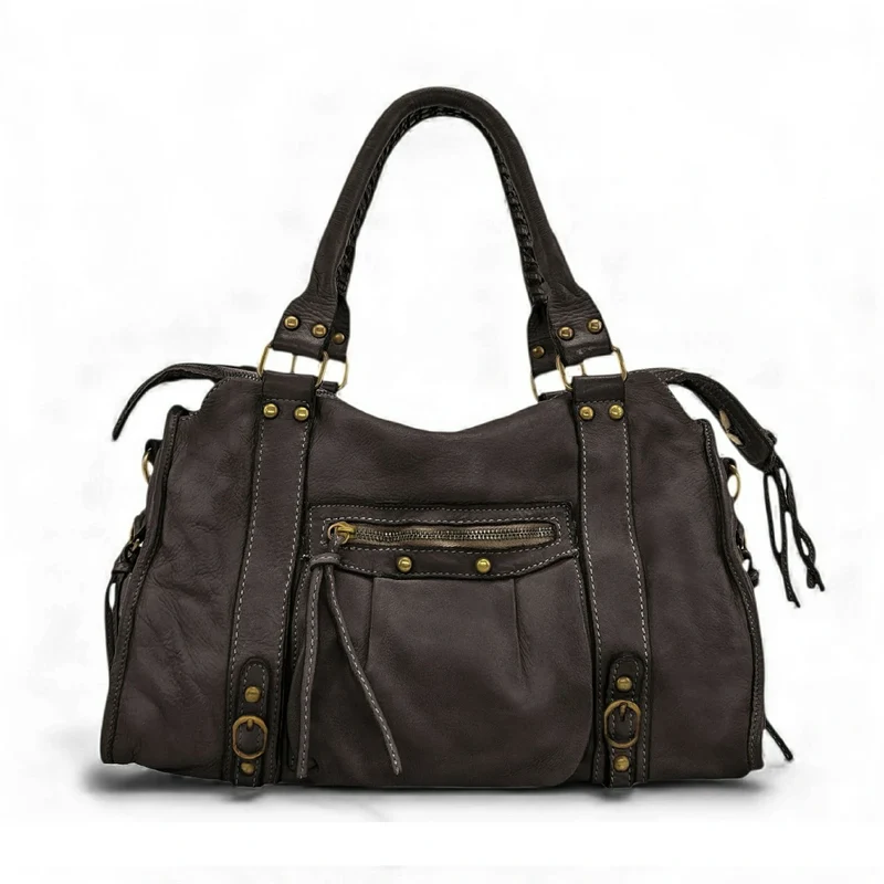 Sac à main en cuir vintage MISS STORM Chocolat