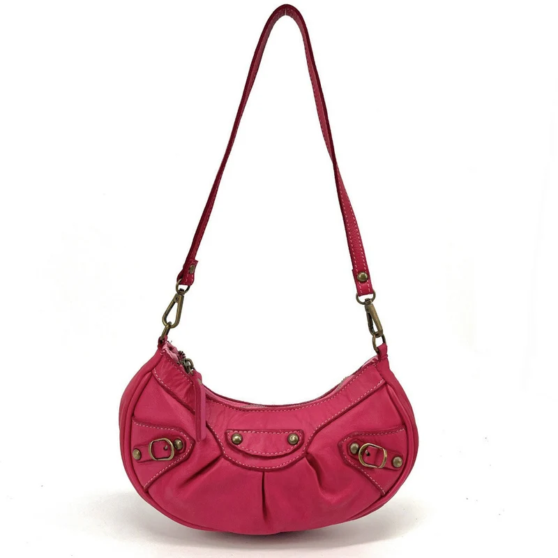 Sac croissant en cuir vintage MISS LUNA Rose fuchsia