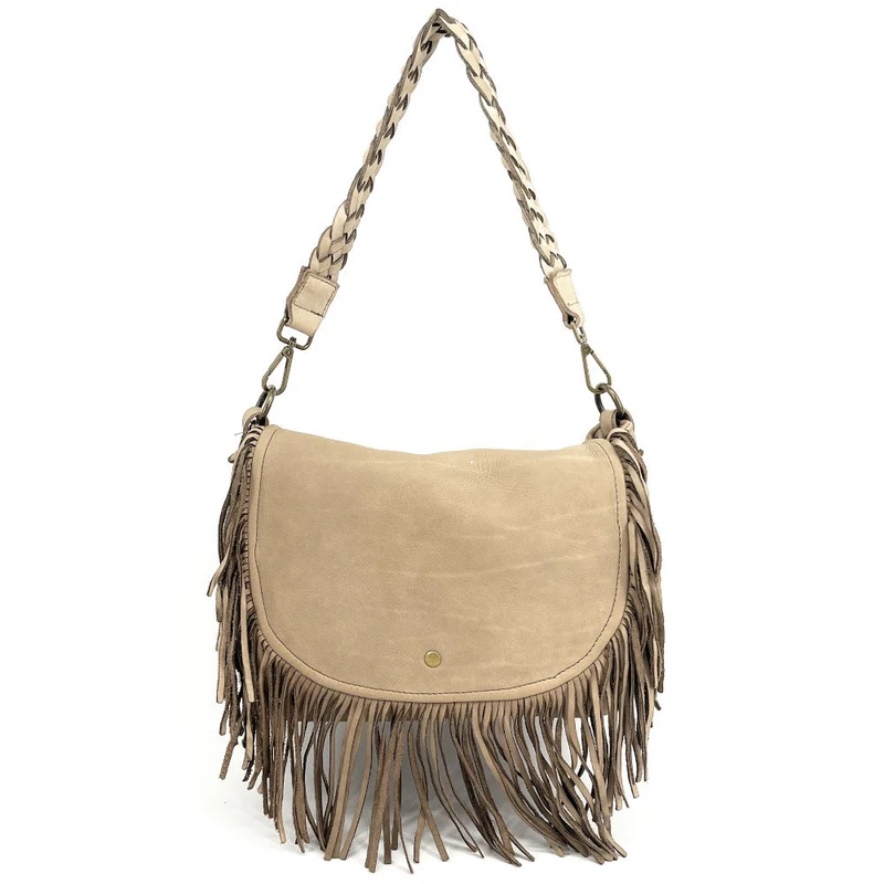 Sac besace à franges en cuir vintage MISS NAYA Taupe clair
