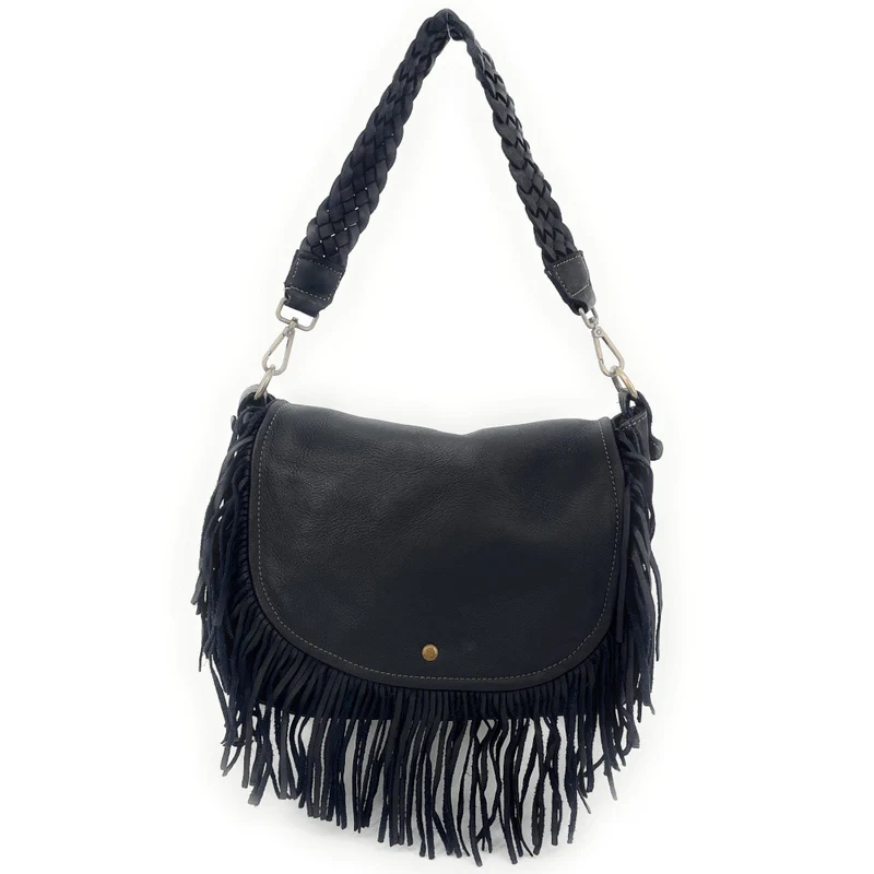 Sac besace à franges en cuir vintage MISS NAYA Noir