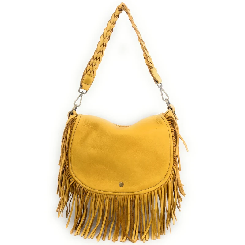 Sac besace à franges en cuir vintage MISS NAYA Jaune tournesol
