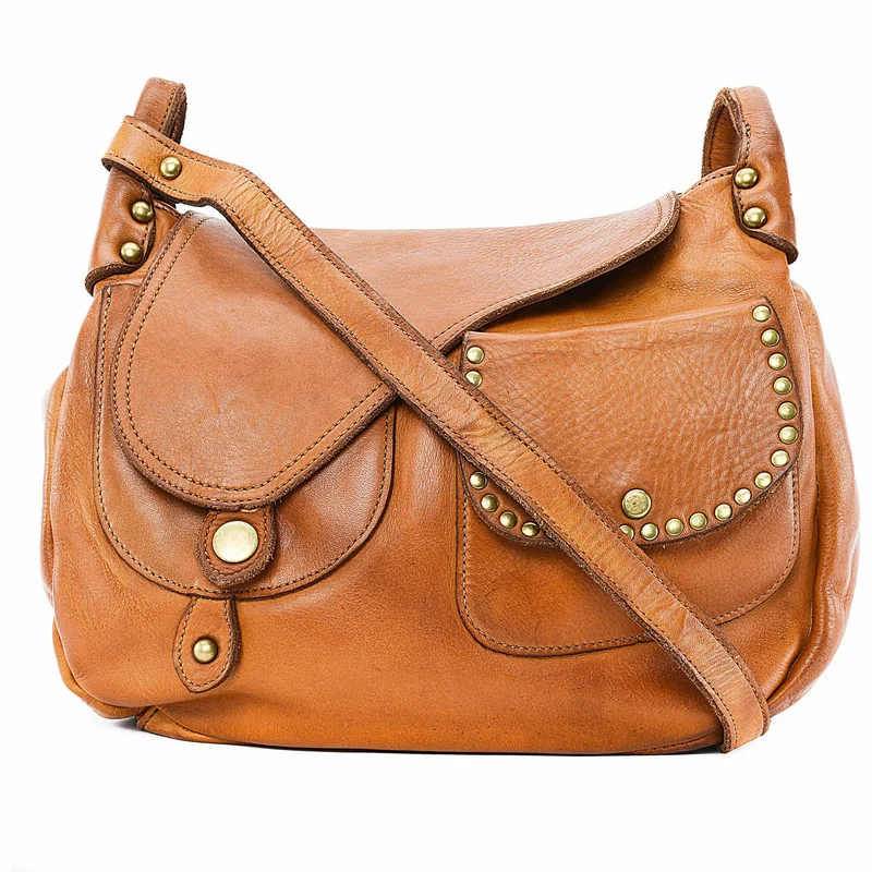 Sac besace à bandoulière en cuir vintage MISS CLYDE Cognac