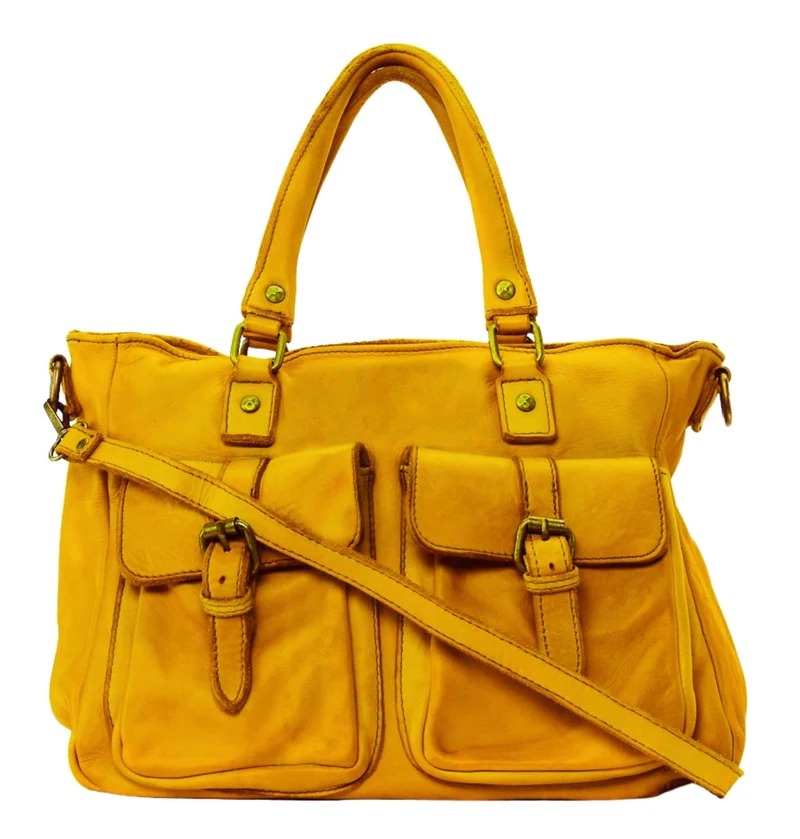 Sac cabas en cuir vintage MISS JENNER Jaune Moutarde