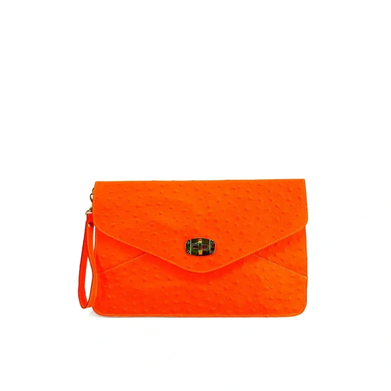 Pochette XL en cuir néon façon autruche IBIZA ROCKS Orange fluo