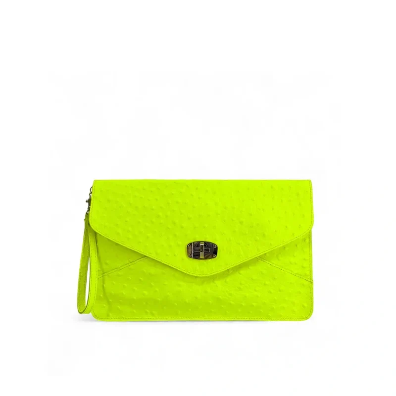Pochette XL en cuir néon façon autruche IBIZA ROCKS Jaune fluo