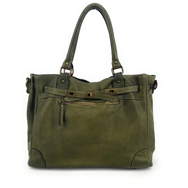 Sac cabas en cuir vintage MISS JEANNE Vert olive