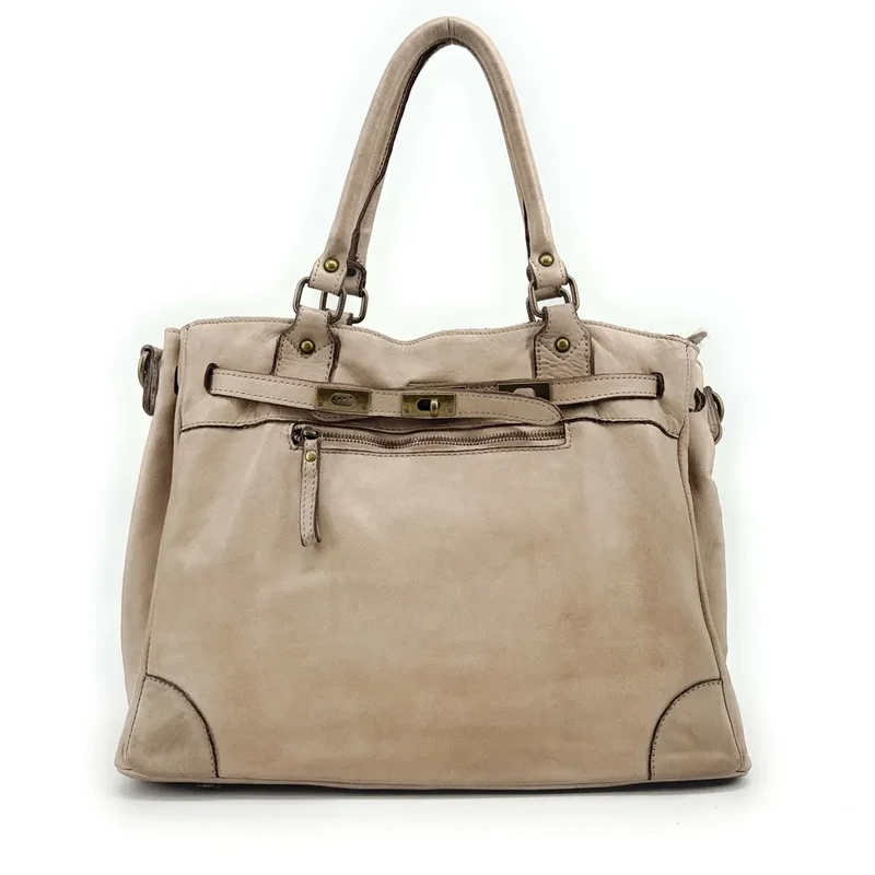 Sac cabas en cuir vintage MISS JEANNE Taupe clair