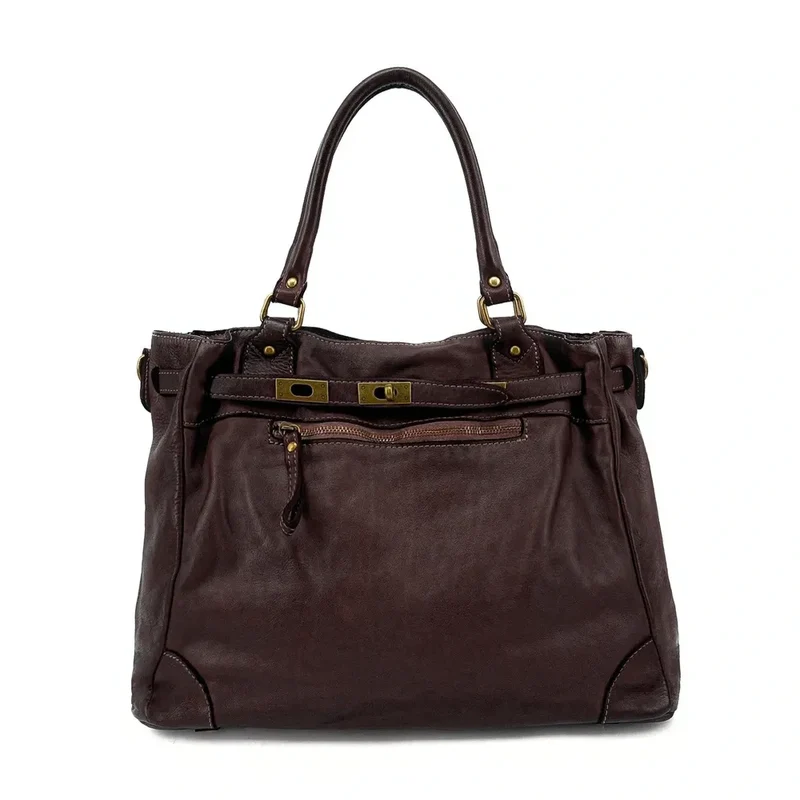 Sac cabas en cuir vintage MISS JEANNE Marron Chocolat