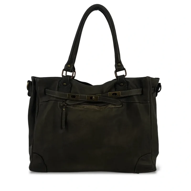 Sac cabas en cuir vintage MISS JEANNE Kaki foncé