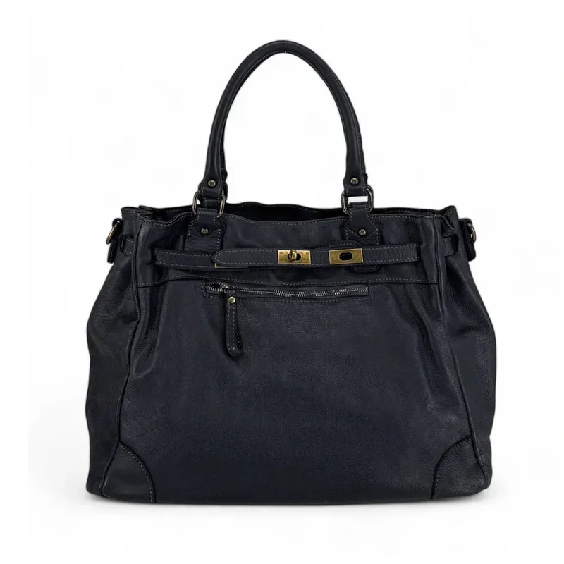 Sac cabas en cuir vintage MISS JEANNE Bleu marine