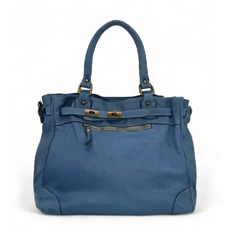 Sac cabas en cuir vintage MISS JEANNE Bleu denim