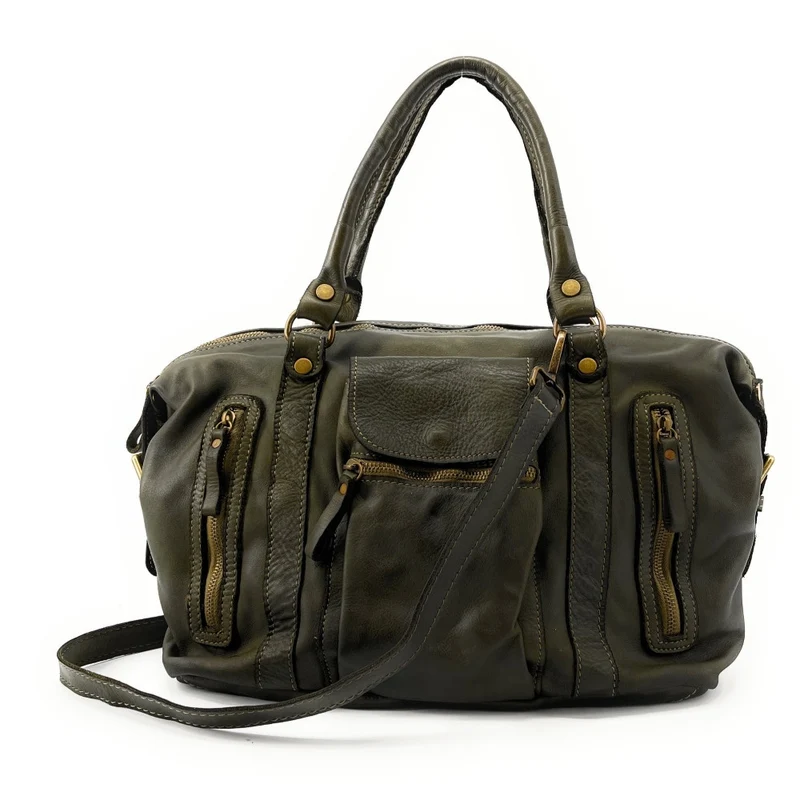 Sac porté épaule en cuir vintage MISS MY Kaki foncé