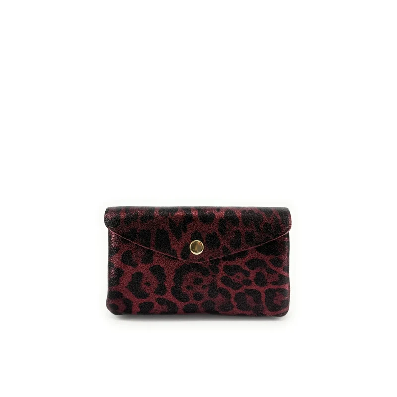 Pochette porte-monnaie en cuir irisé COMPO JUNGLE Leopard burgundy irisé
