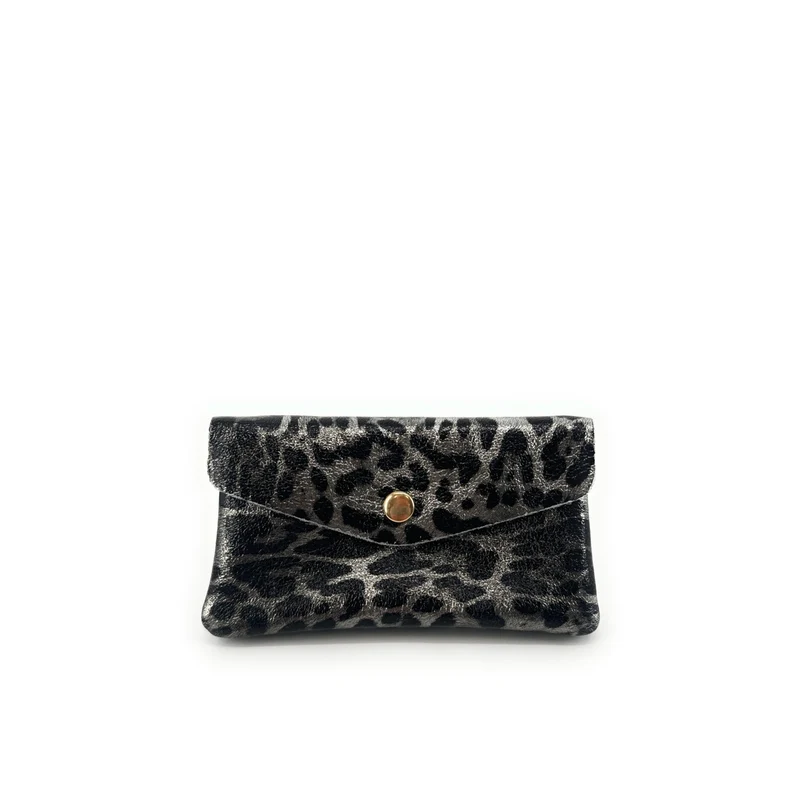 Pochette porte-monnaie en cuir irisé COMPO JUNGLE Léopard argent