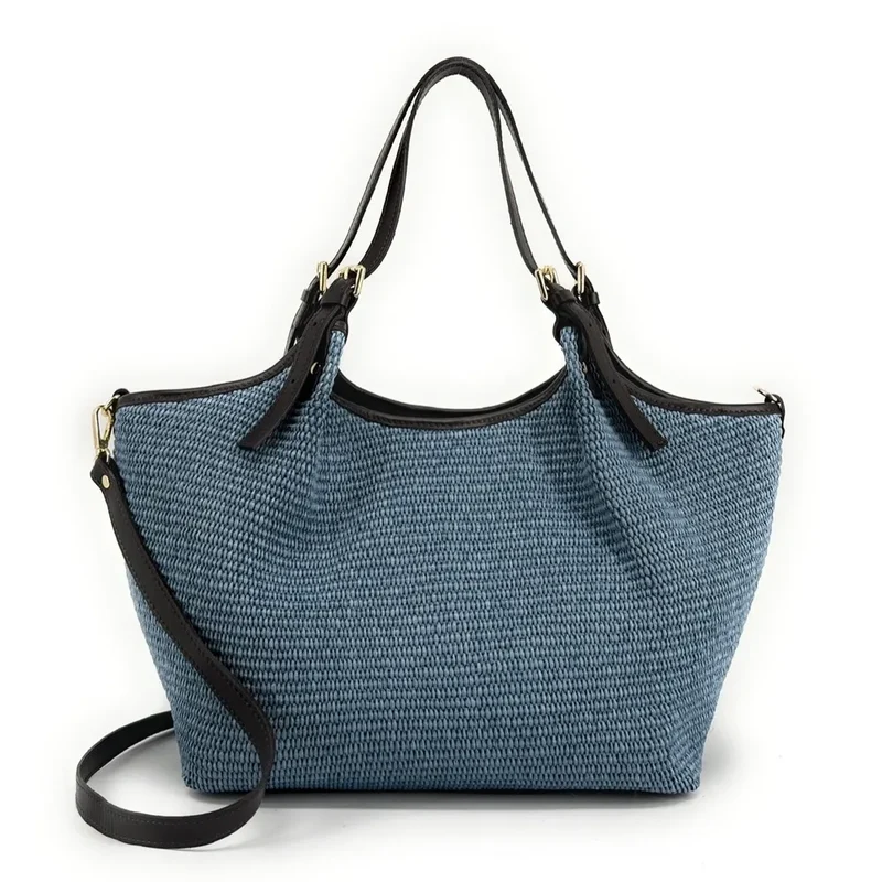 Sac cabas en cuir grainé et raphia IMPERIA Bleu denim