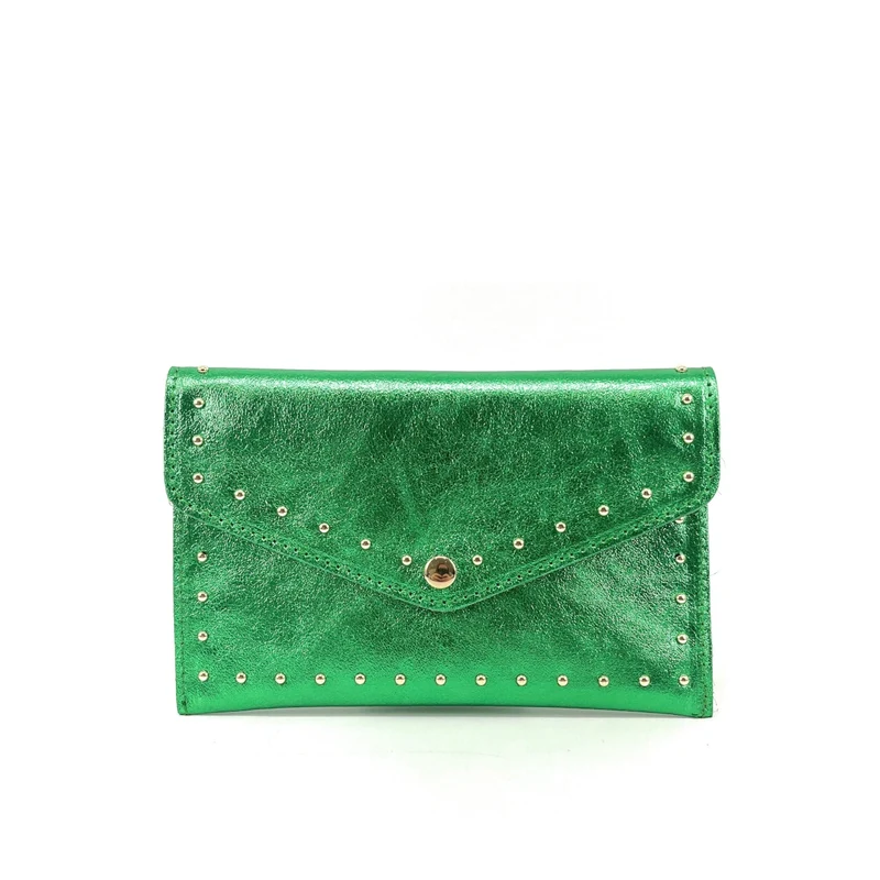 Pochette enveloppe en cuir irisé TINA Vert anglais