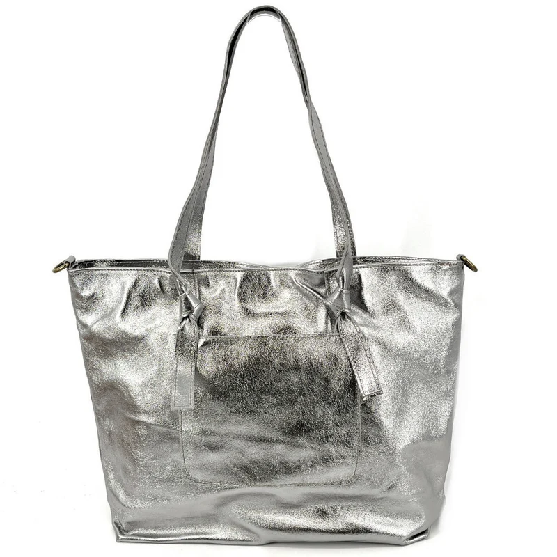 Grand sac cabas en cuir irisé CASSIOPEE Argent moyen