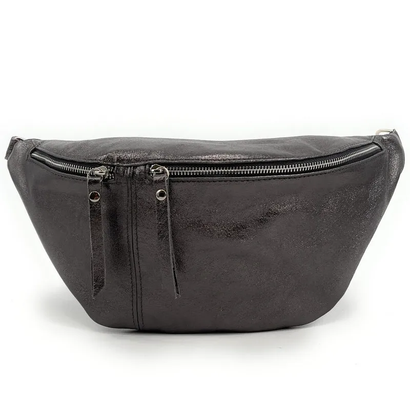Sac banane en cuir irisé LILOU GLOW Argent foncé