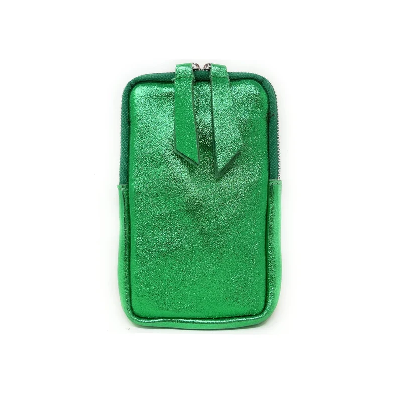 Pochette téléphone bandoulière en cuir irisé LOUVRE Vert anglais irisé