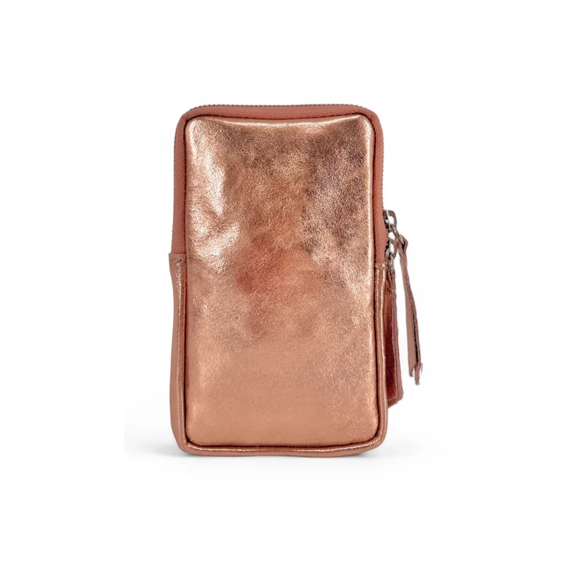 Pochette téléphone bandoulière en cuir irisé LOUVRE Rose gold