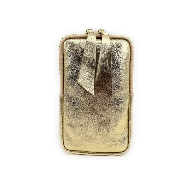 Pochette téléphone bandoulière en cuir irisé LOUVRE Or pâle
