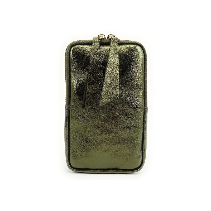 Pochette téléphone bandoulière en cuir irisé LOUVRE Vert kaki irisé
