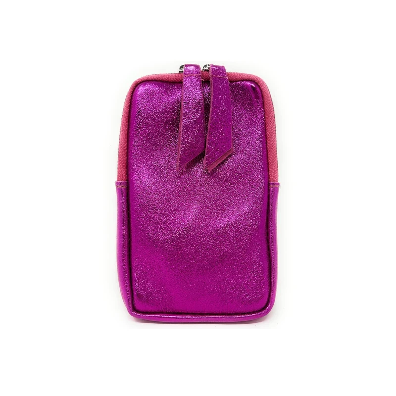 Pochette téléphone bandoulière en cuir irisé LOUVRE Fuchsia irisé
