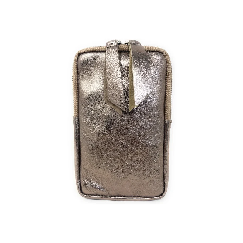Pochette téléphone bandoulière en cuir irisé LOUVRE Champagne irisé