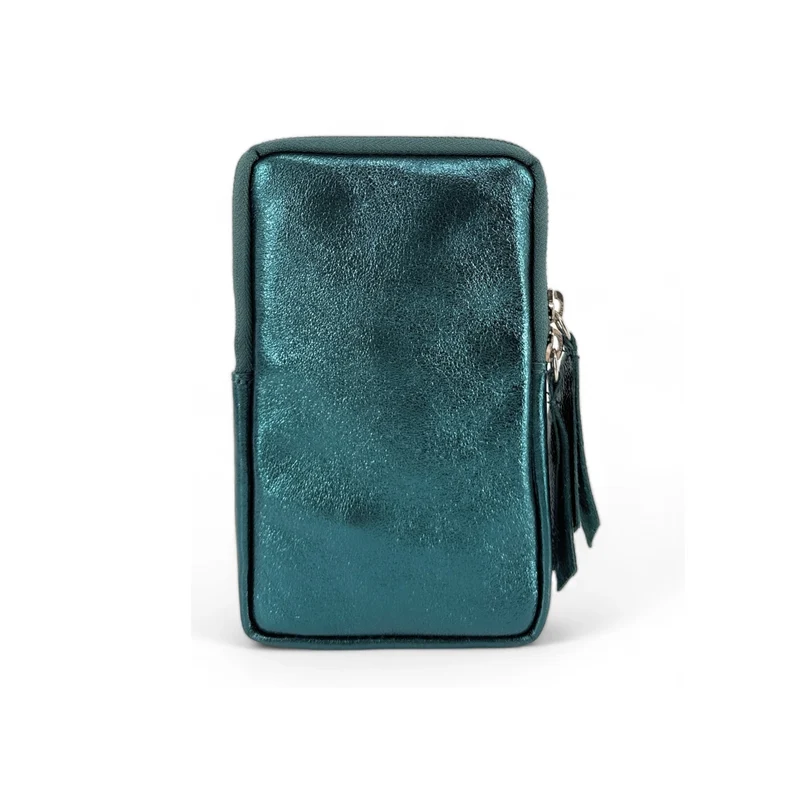 Pochette téléphone bandoulière en cuir irisé LOUVRE Bleu paon irisé