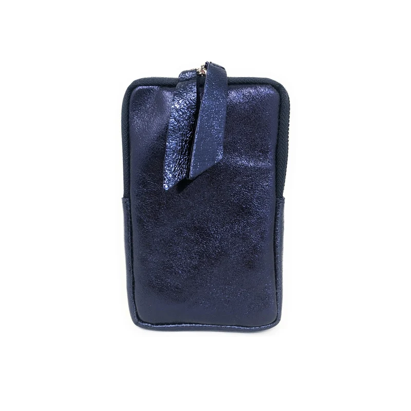 Pochette téléphone bandoulière en cuir irisé LOUVRE Bleu irisé