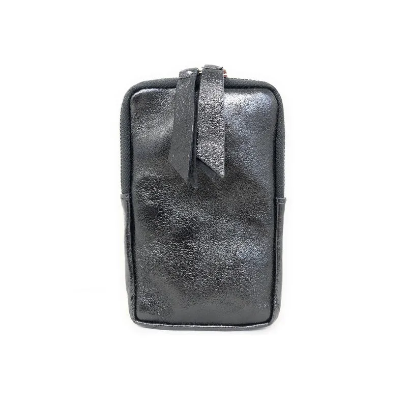 Pochette téléphone bandoulière en cuir irisé LOUVRE Argent foncé