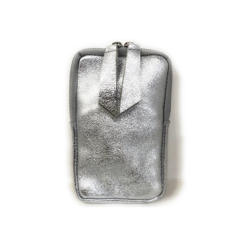 Pochette téléphone bandoulière en cuir irisé LOUVRE Argent clair