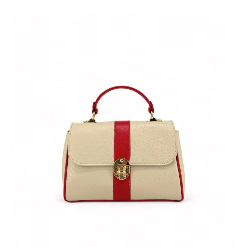 Sac à main en cuir grainé ZOE Beige / Rouge garance