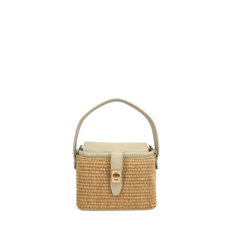 Mini-sac à main en cuir et raphia SIENNA Taupe clair