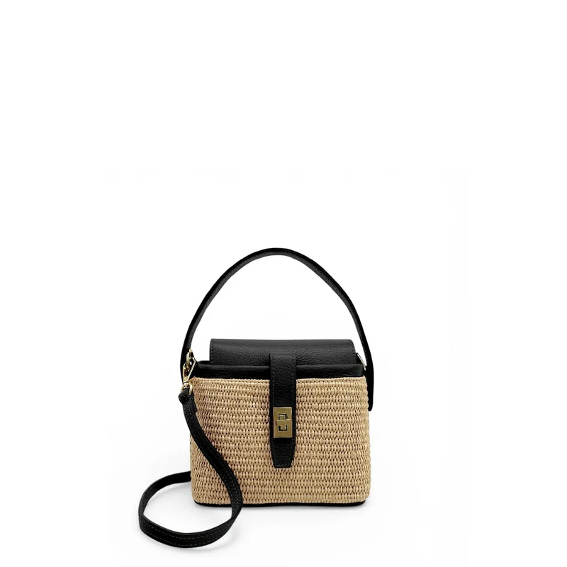 Mini-sac à main en cuir et raphia SIENNA Noir