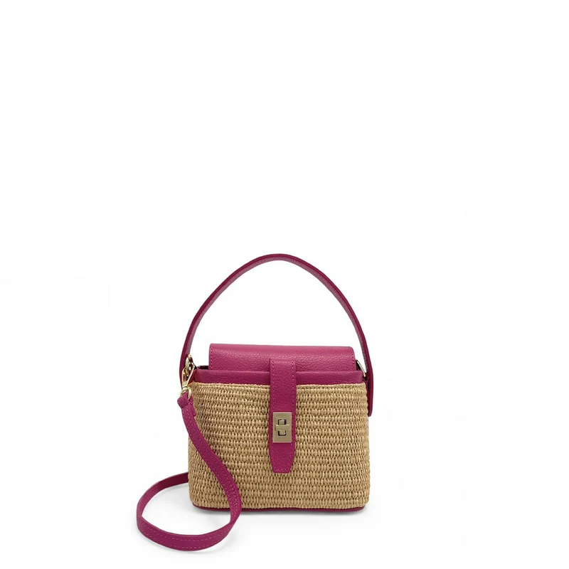 Mini-sac à main en cuir et raphia SIENNA Rose fuchsia