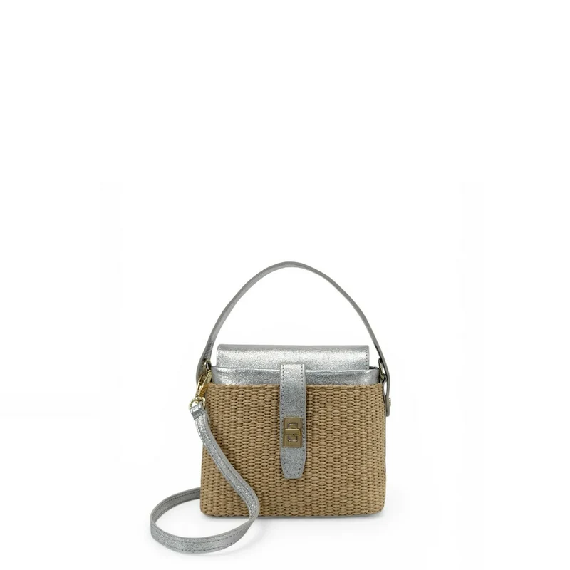 Mini-sac à main en cuir et raphia SIENNA Argent moyen