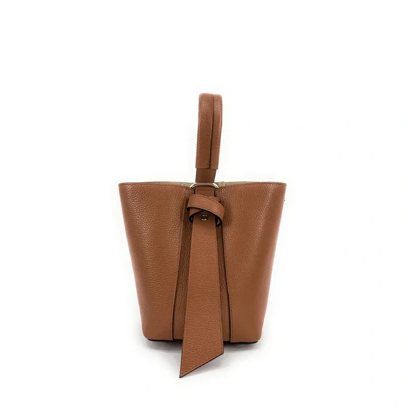Sac seau et pochette en cuir grainé BIRDIE Camel foncé