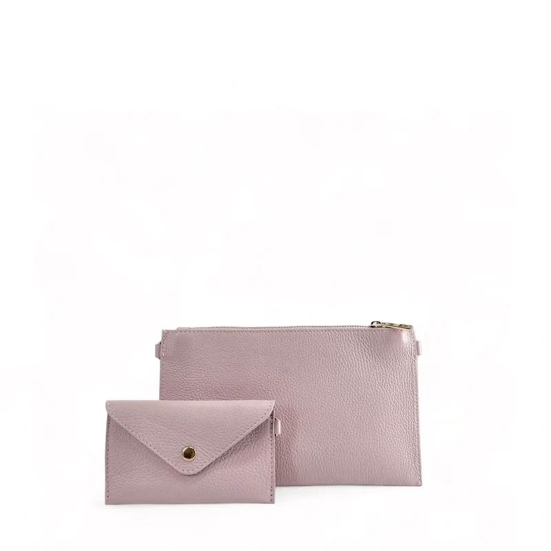 Ensemble sac pochette et porte-cartes en cuir grainé TWICE Rose pâle